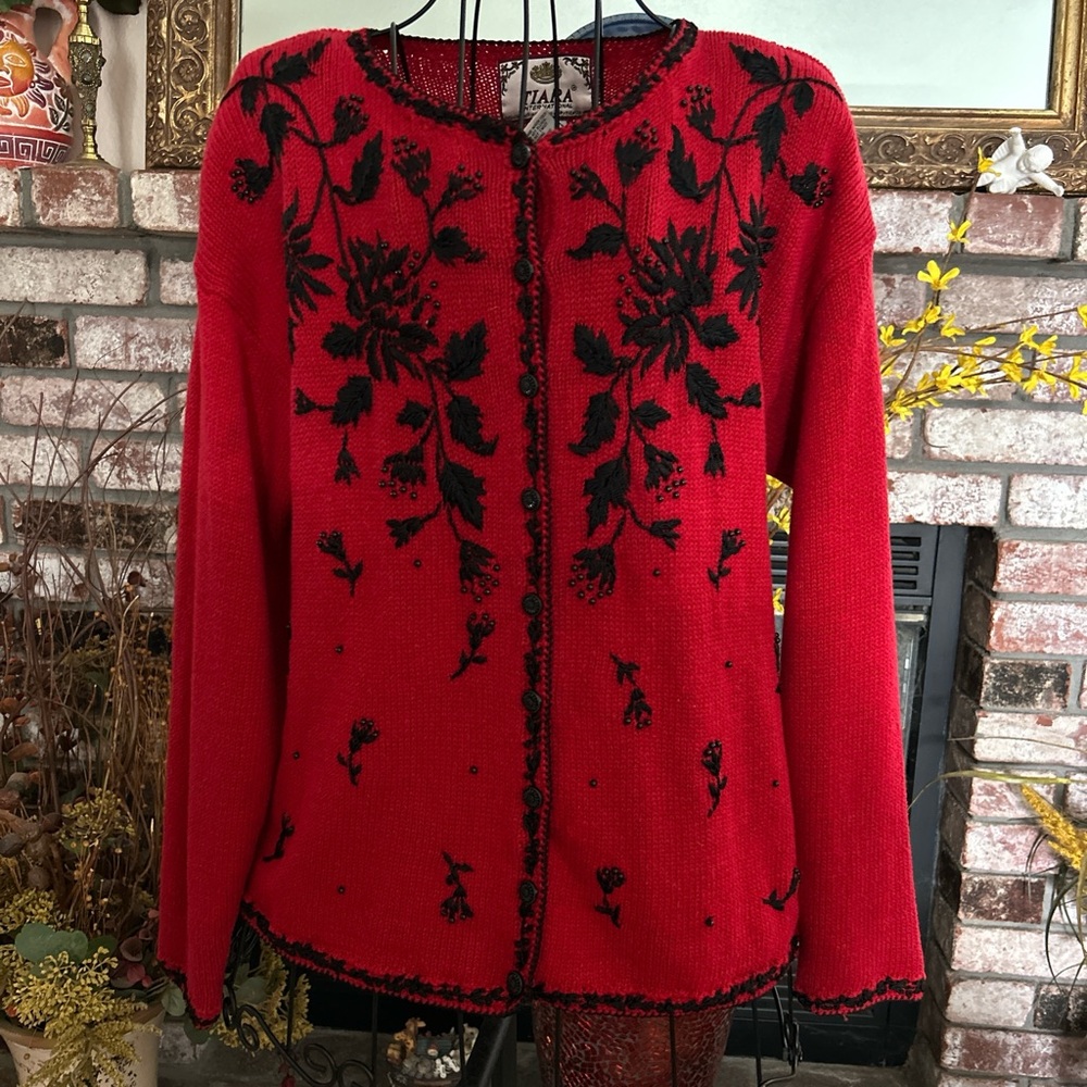 Vintage Tiara International Beaded Embroidered Floral Cardigan Sweater Sz S